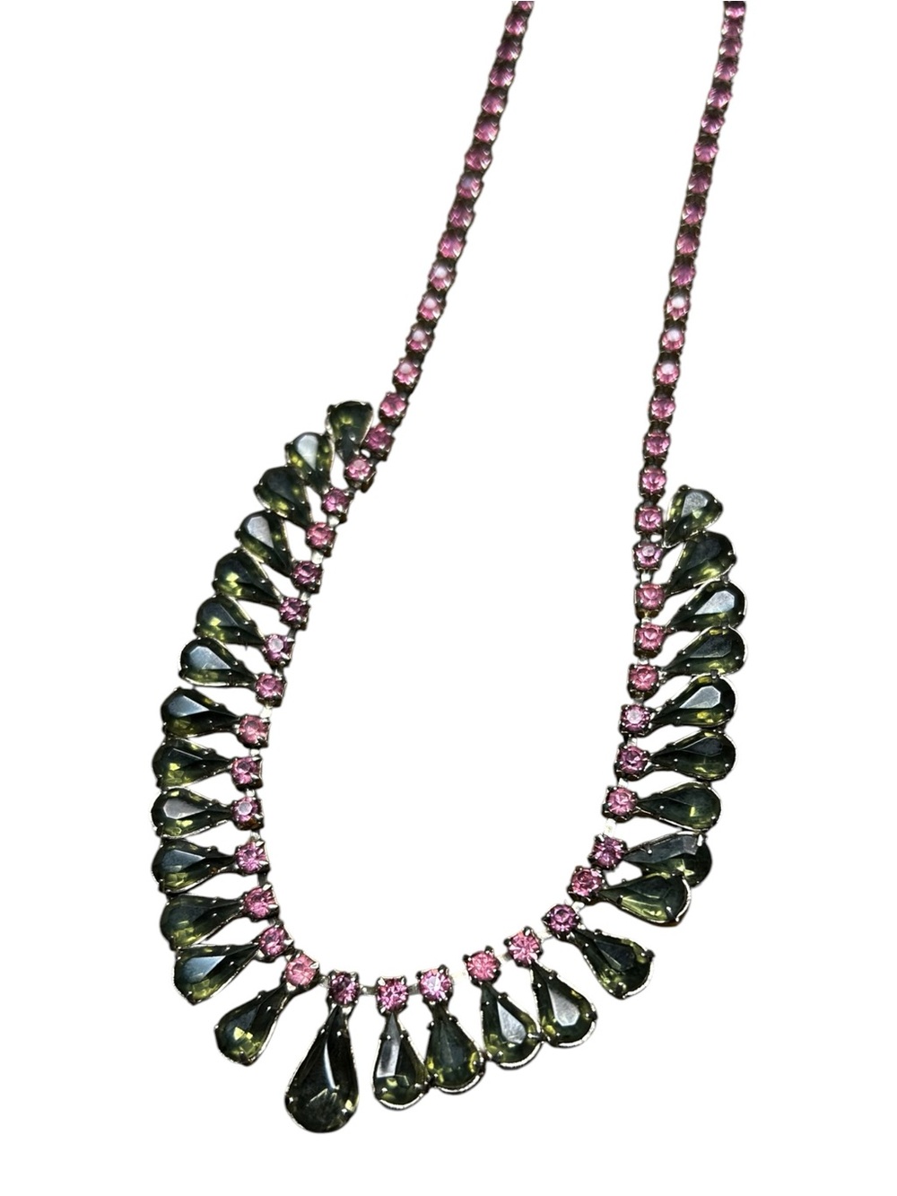 Vintage Pink Rhinestone Olive Green Teardrop Bib Necklace - Picture 4 of 8